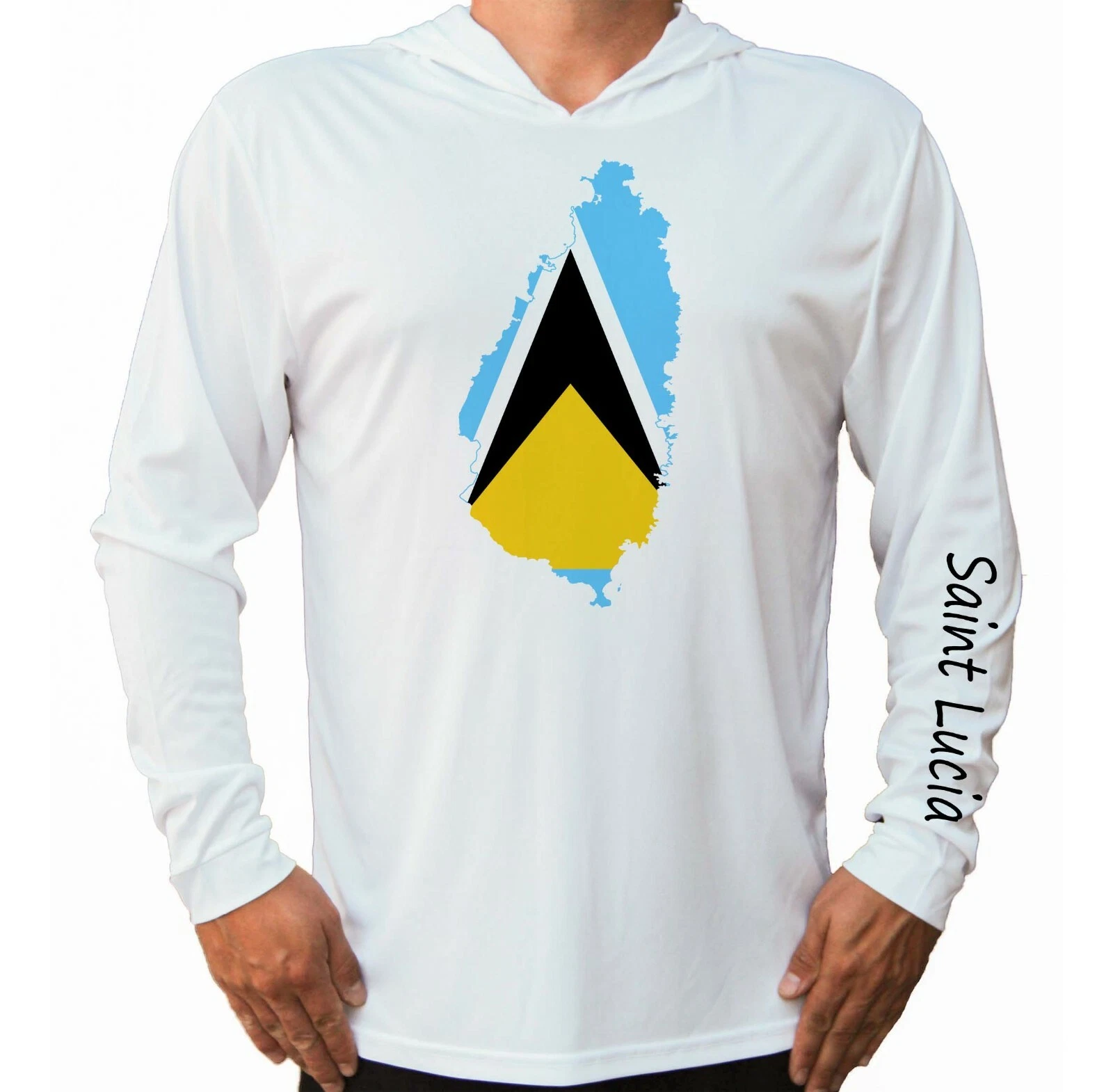 Saint Lucia Flag Map UV Protect UPF 50 Long Sleeve T-Shirt Hood Fishing