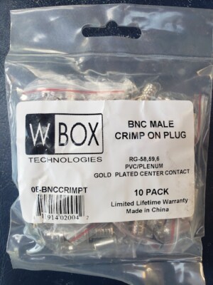 W Box BNC Male Crimp on Plug, OE-BNCCRIMPT RG-58,59,6 PVC/PLENUM (10 Pack)