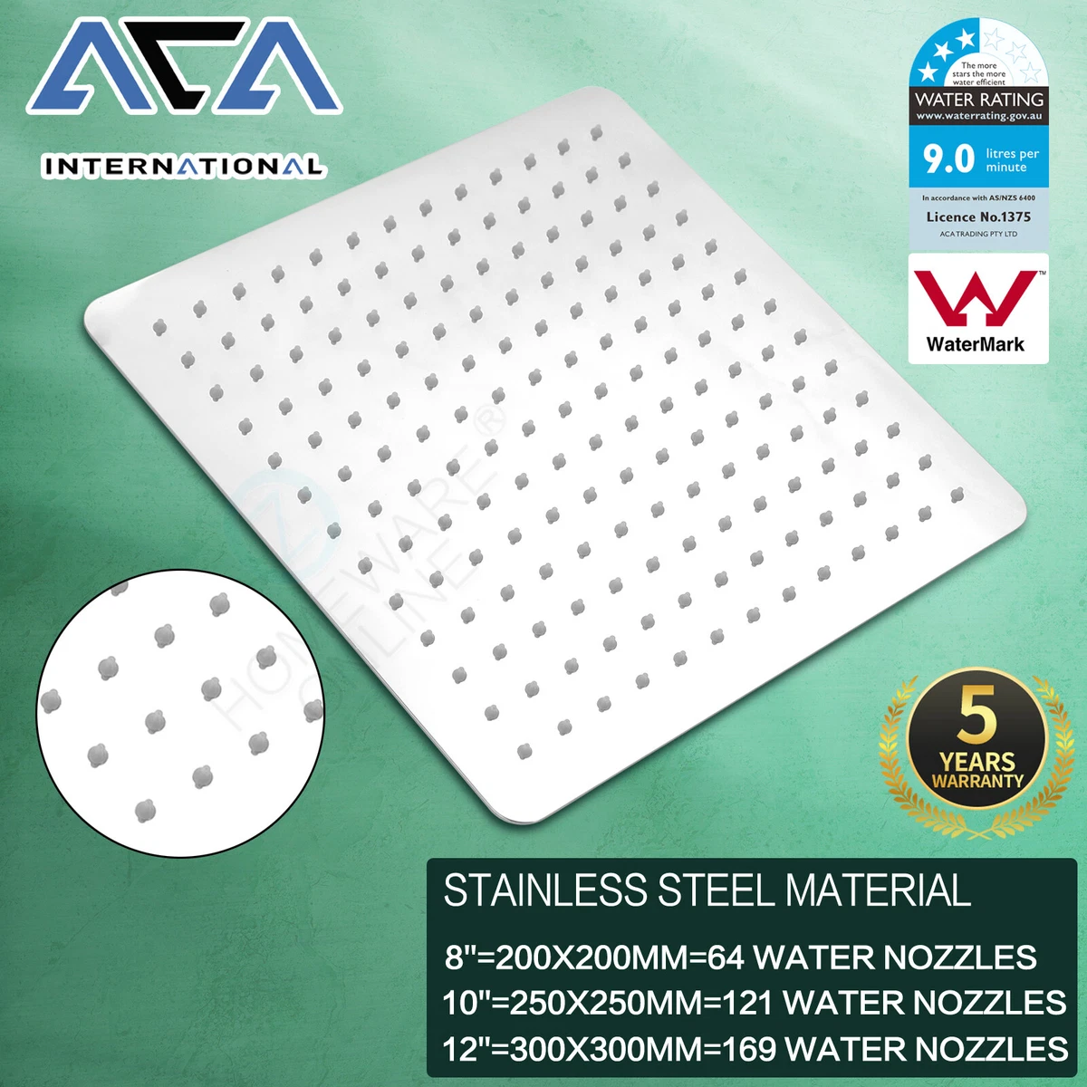 ACA WELS Rain Shower Head Square Ultra-thin 304 Stainless Steel Bath 8"/10"/12"