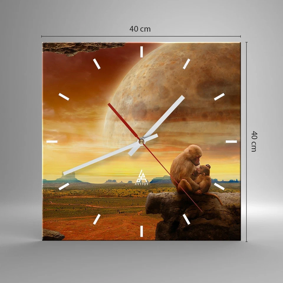 Modern Wanduhr 40x40cm Quadrat Analog Glasuhr Affen Mutter Natur Berg Art Glas - Bild 3 von 4