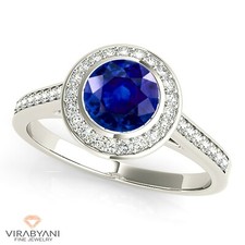 Anillo con halo de zafiro azul natural de 1,35 quilates con 0,25 quilates Diamante oro blanco 14K