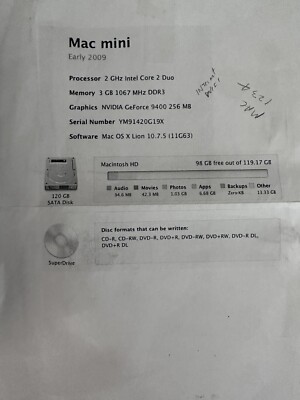 Apple Mac mini A1283 (2008) With Plug And Cords, Tested. 98 GB