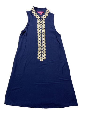 Lilly Pulitzer Dress Womens Size 0 Blue Shift Gold Trim Casual Beach Costal