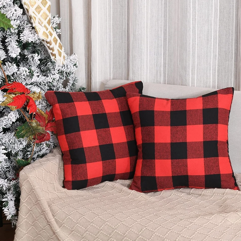2 peças capas de travesseiro xadrez búfalo de Natal vermelho e preto decoração para casa - Imagem 2 de 4