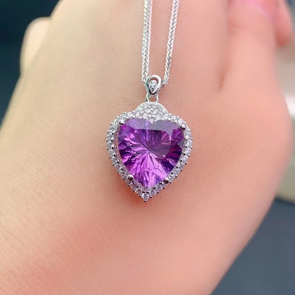 Nuevo Precioso Corazón Dije Púrpura Amatista Piedras Preciosas Mujeres Plata Dije Collares Foto 4 de 4