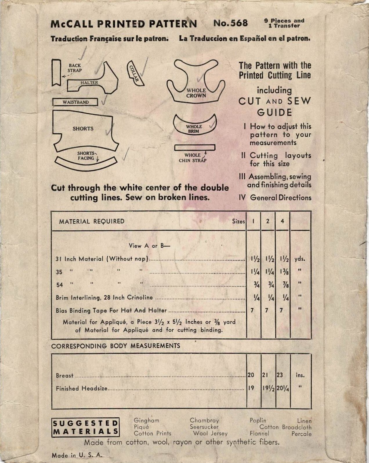 Childs SUN SUIT w BONNET Hat Bunny Applique RARE McCall 568 Vtg Sewing Pattern