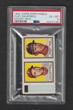 1962 Topps intact Stamp panel with Tab Clay Dalrymple and Woodie Held, PSA 6 