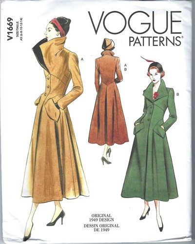 Vogue Vintage 1940s Design 1949 Wide Collar Lined Coat Sewing Pattern V1669 6~22 - Picture 9 of 10