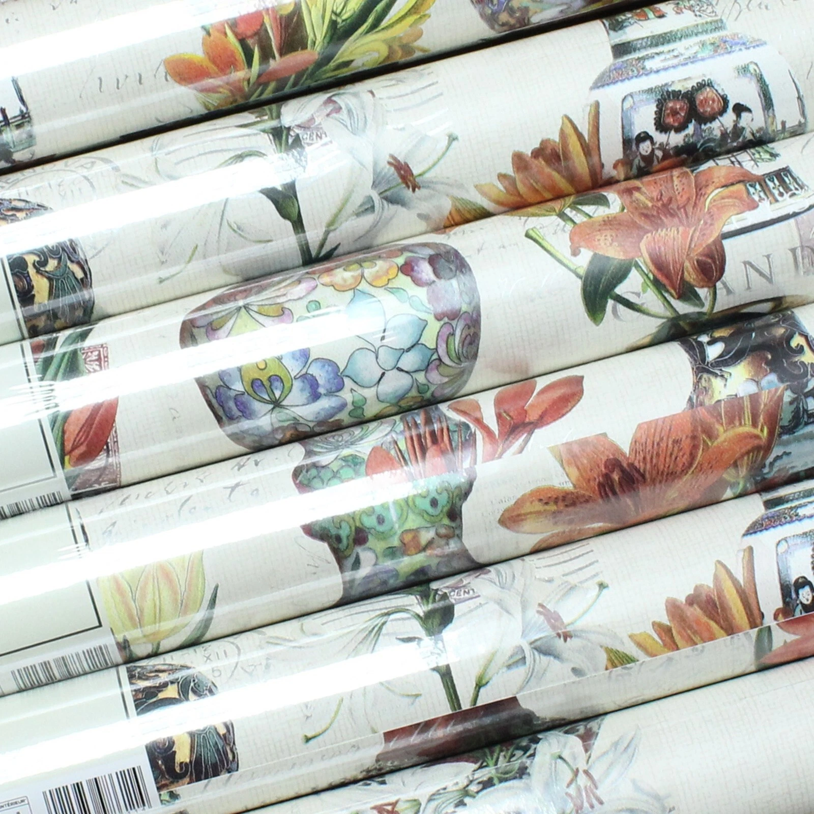 6 Rolls Cream Silver Wallpaper Funky Oriental Vases Flowers Metallic Stamps