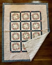 Vintage Hand Quilted Floral Wreath Quilt 80x64 Cotton Applique Pink Blue Green
