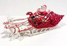 Vintage SANTA 1950s Sleigh & Reindeer CENTERPIECE Plastic + Flocked CHRISTMAS