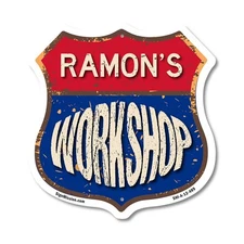 Ramon's Workshop Shield Shaped Sign Weather Resistant Crafted in the USA