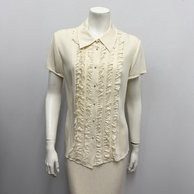 St. John Collection Blouse Top Ivory Tone Front Pearl Buttons Silk Stretch 12 10