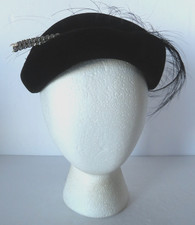 Vtg Opera Hat Fascinator Black Velvet Adorned with Rhinestone Jewels and Feather