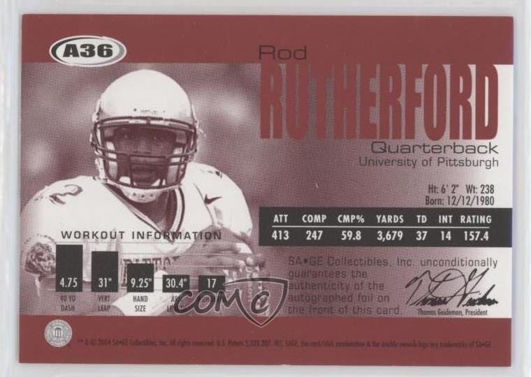 2004 SAGE Auto Red /500 Rod Rutherford #A36 Rookie Auto RC | eBay