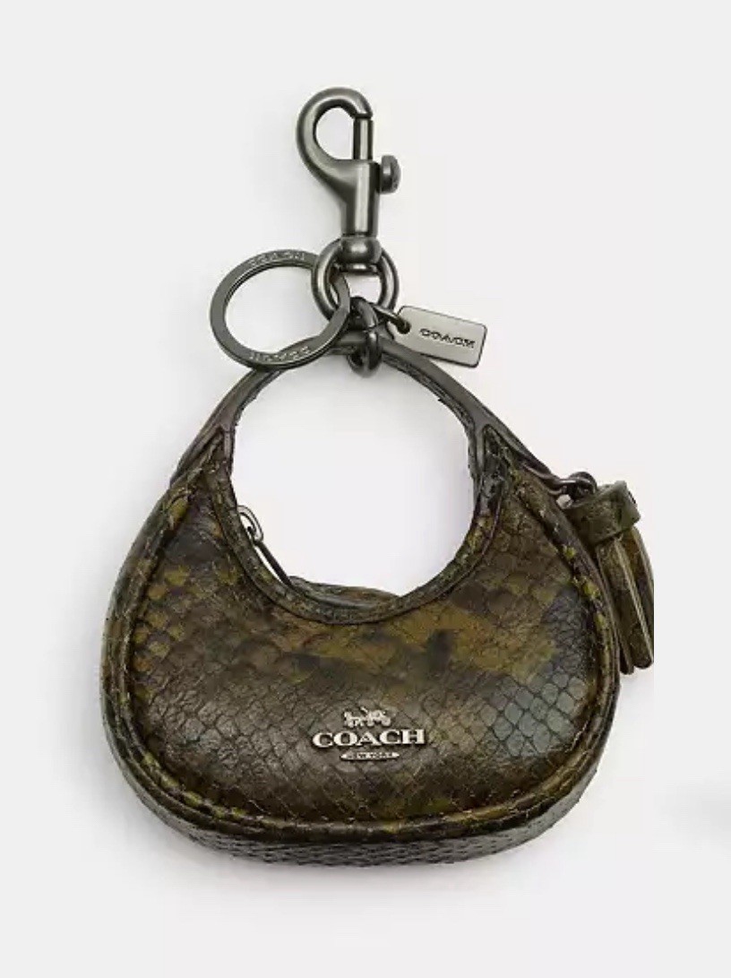 Coach Mini Carmen Bag Charm with Snake Print Gunmetal Olive Green