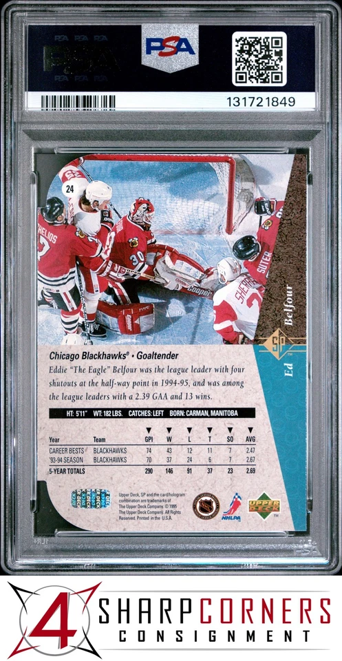 1994 SP DIE-CUT #24 ED BELFOUR BLACKHAWKS HOF POP 5 PSA 10 - Image 2 of 3