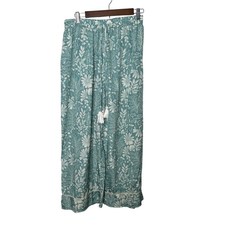 World Market Boho Floral Wide Leg Pants S/M Teal White Drawstring Tassel