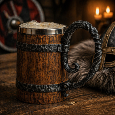 #ad Wooden Barrel Beer Mug Viking Tankard Stainless Steel Double Wall Stein $35.45