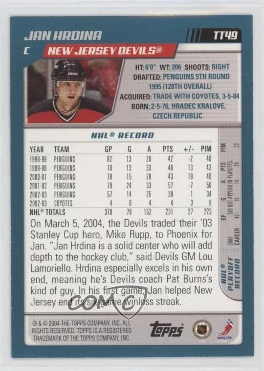 2003-04 Topps Traded Blue /500 Jan Hrdina #TT49 - Image 2 of 2