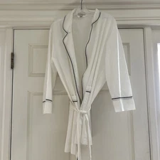 J.CREW Tipped Cotton Poplin Short Robe ~ White/Navy~S/M