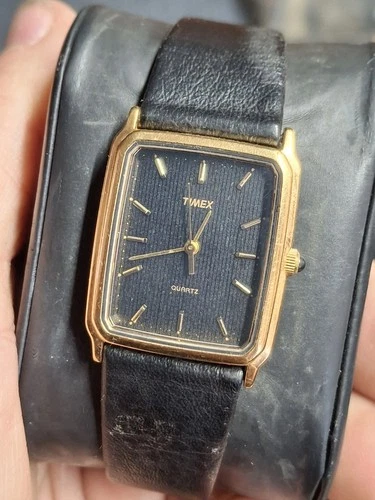 Timex Tank Style Black Dial Gold Tone Men's Vintage 1990s Quartz Watch Retro...