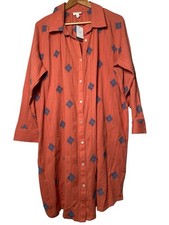 Pure Jill J Jill XL Rust Cotton Shirt Dress Tunic Embroidered Long Sleeve Boho