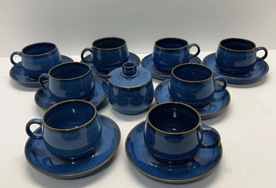 Denby Langley English Blue 8 Cups & Saucers English Stoneware Rams Head & Sugar