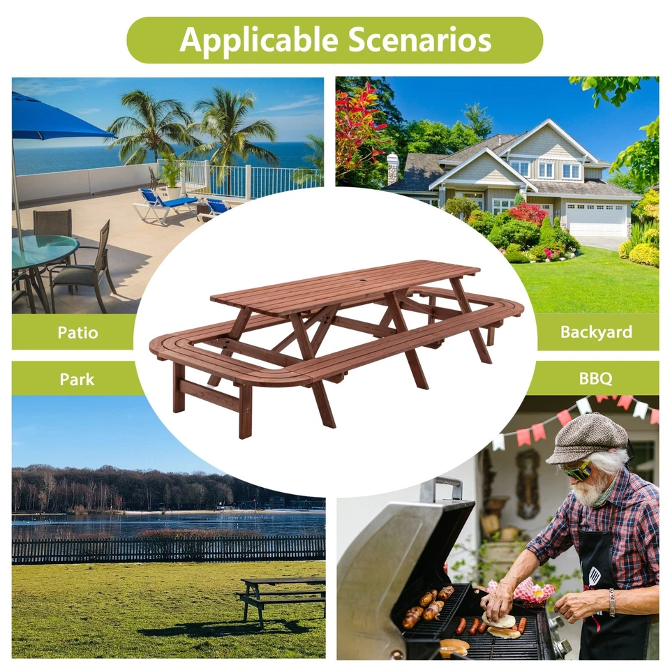 Round Outdoor Wooden Picnic Table For 14-16 People With Benches And Parasol - Image 3 of 4