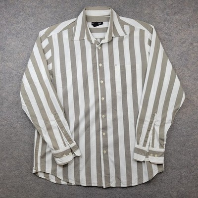 J Peterman Shirt Mens Large Gray Stripe Button Front Long Sleeve