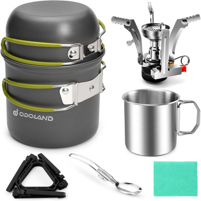 8Pcs Camping Cookware Mess Kit, Camping Pot and Pan Set with Mini Backpacking St