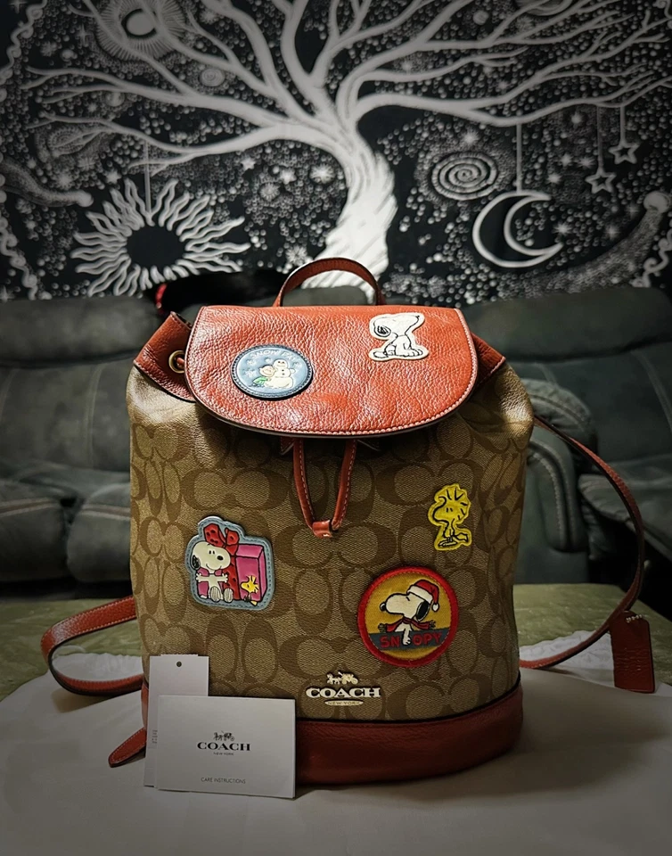 Coach Peanuts Snoopy Backpack $698 brown Leather Backpack with Cartoon Patches - Image 3 of 4