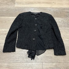 St. John Black Shine Boucle Ruffle Crew Long Sleeve Button Blazer Jacket Size 4