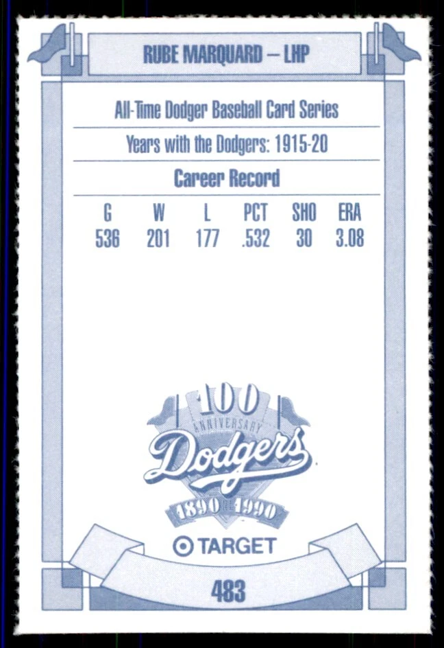 1990 TARGET DODGERS #483 RUBE MARQUARD BROOKLYN DODGERS - Image 2 of 2