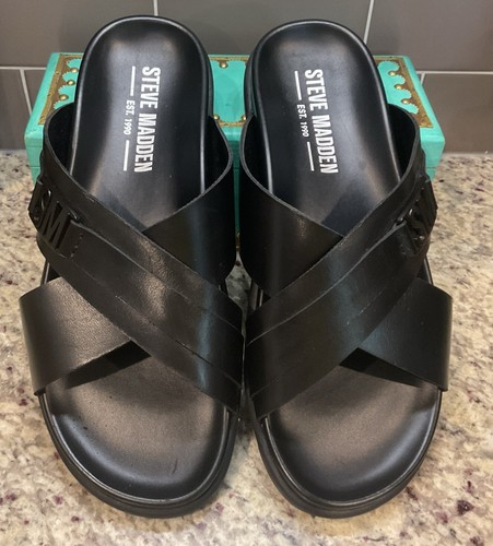 Steve Madden Para Hombres Talla 8.5 M AJAXX01M1 Cuero Negro Slide/Correas Pequeño Logo Precio de venta sugerido por el fabricante $85 - Imagen 3 de 5