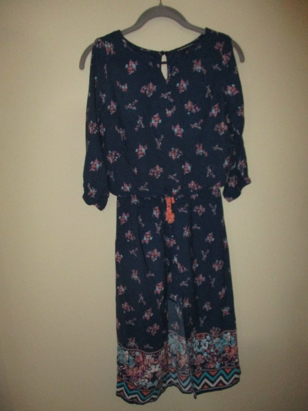 My Michelle Girls Blue Pink Floral Jumpsuit Romper Dress with Split Skirt Sz L