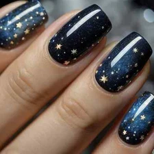 24pcs Blue Square Press-On Nails, Medium Length, Glossy, Starry Night