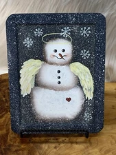 Handpainted Snowman Snow Angel Chalkboard Blue Folk Art Country Christmas