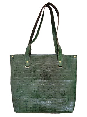 Atelier V Cuir Womens Shoulder Croc Embossed Forest Green Leather Tote Bag