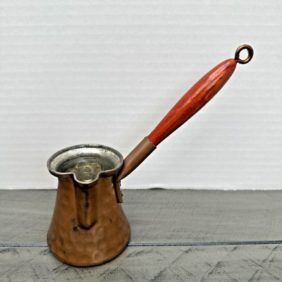 Türkische Griechische Kaffee Ausgießer Kanne Kupfer Metall Gehämmert Holzgriff Vintage
