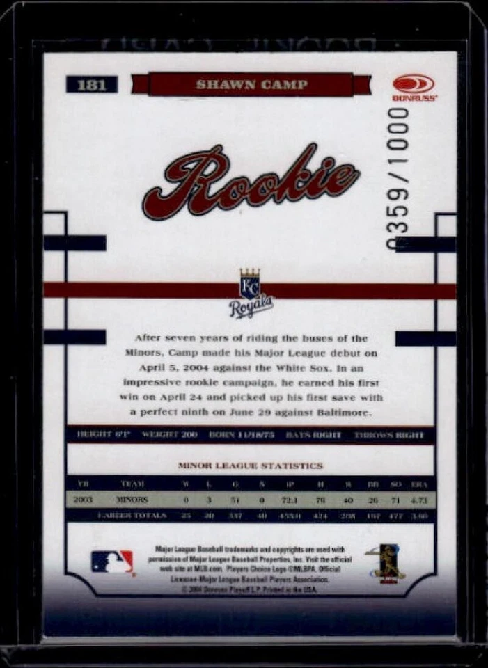 2004 Donruss World Series #181 Shawn Camp RC Rookie Auto 359/1000 KC Royals - Image 2 of 2