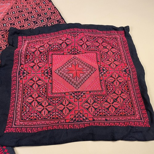 Four Vintage Middle-Eastern Cushion Covers Hand Stitched Red Fabric Parchments - Picture 6 of 21