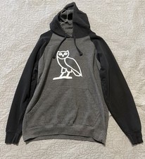 OVO Gray Black Men's XL Cotton Fleece Pullover Hoodie Owl Logo Hooded Pockets