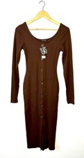 Select Brown Midi Dress Bodycon Style Long Sleeves Button Up Closure Size 10