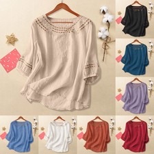 Women Summer T-shirt Embroidery Linen Cotton Summer Blouse Tee Shirts Loose Tops
