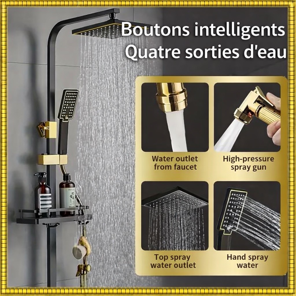Douche noir et or réglable en hauteur pour rénovation de salle de bain
