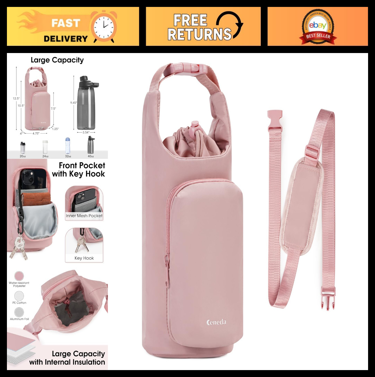 Carrier Bag With Phone Pocket, Adjustable Sling For 32oz/