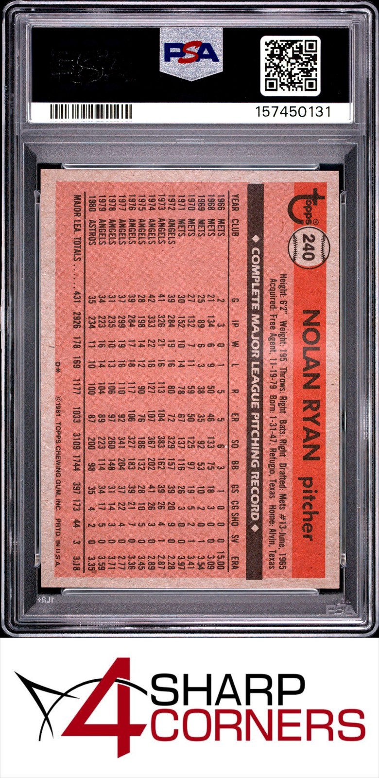 1981 TOPPS #240 NOLAN RYAN ASTROS HOF PSA 8 view 2