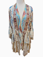 Origami Cardigan Womens Medium Aztec Hi Low Lace 3/4 Sleeve Ruffle Bohemian New