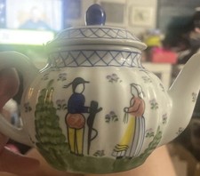 Vintage Miniature Tea Pot Blue White Dutch Couple Floral Hand Painted